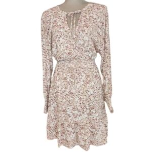 Japna Pink Floral V-Neck Dress Size S Smocked Elastic Cuffs & Waist Ruffle Hem